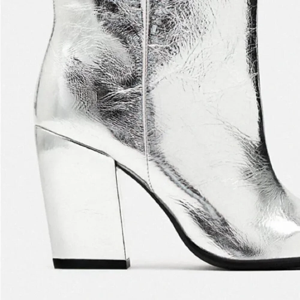 ZARA 100% LEATHER METALLIC HEELED KNEE HIGH BOOTS - Picture 5 of 13